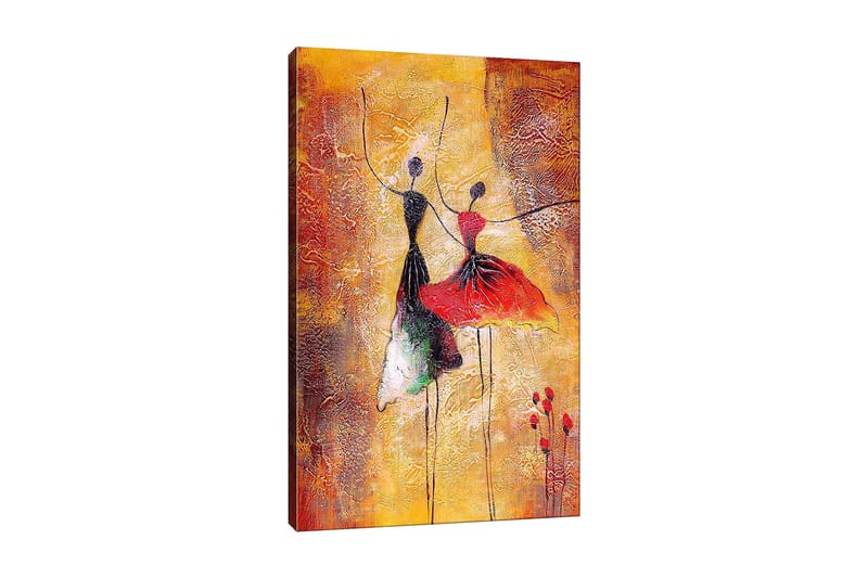 Canvastavla 70x100 cm - Två stiliserade dansare i färgglada klänningar som uttrycker rörelse och glädje - Röd / Svart / Orange - Inredning & dekor - Tavlor & konst - Canvastavla