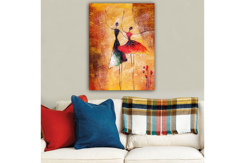 Canvastavla 70x100 cm - Två stiliserade dansare i färgglada klänningar som uttrycker rörelse och glädje - Röd / Svart / Orange - Inredning & dekor - Tavlor & konst - Canvastavla
