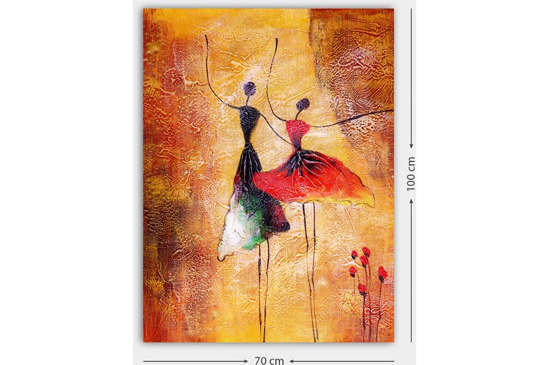 Canvastavla 70x100 cm - Två stiliserade dansare i färgglada klänningar som uttrycker rörelse och glädje - Röd / Svart / Orange - Inredning & dekor - Tavlor & konst - Canvastavla