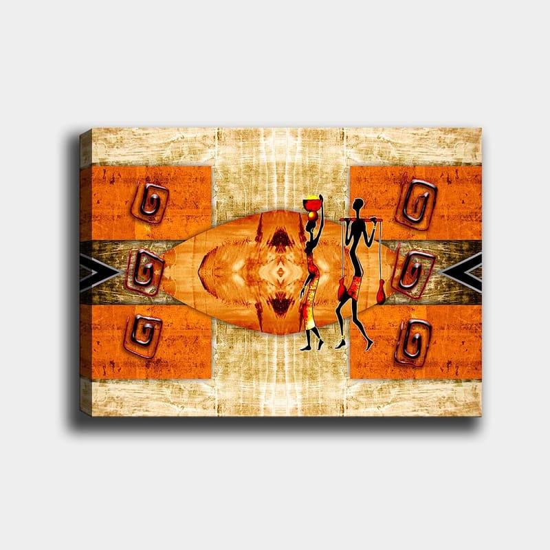 Canvastavla 70x100 cm - Två stiliserade figurer som bär kärl, omgivna av abstrakta mönster i varma färger, Orange / Röd / Svart