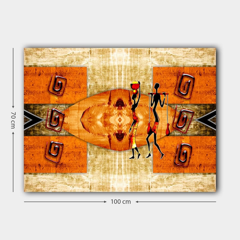 Canvastavla 70x100 cm - Två stiliserade figurer som bär kärl, omgivna av abstrakta mönster i varma färger - Orange / Röd / Svart - Inredning & dekor - Tavlor & konst - Canvastavla