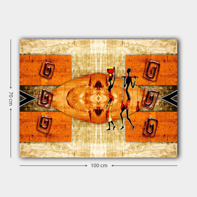 Canvastavla 70x100 cm - Två stiliserade figurer som bär kärl, omgivna av abstrakta mönster i varma färger - Orange / Röd / Svart - Inredning & dekor - Tavlor & konst - Canvastavla