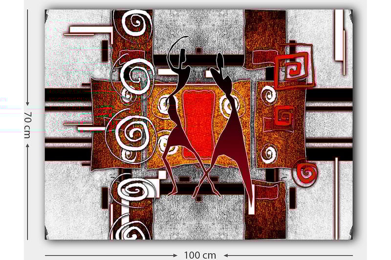 Canvastavla 70x100 cm - Två stiliserade figurer som dansar i en abstrakt komposition med spiraler och geometriska former - Röd / Brunt / Svart - Inredning & dekor - Tavlor & konst - Canvastavla