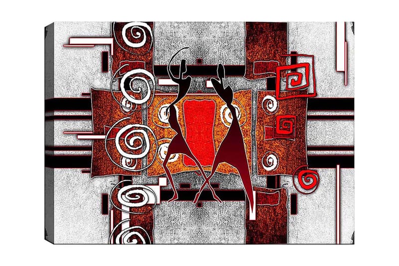 Canvastavla 70x100 cm - Två stiliserade figurer som dansar i en abstrakt komposition med spiraler och geometriska former, Röd / Brunt / Svart