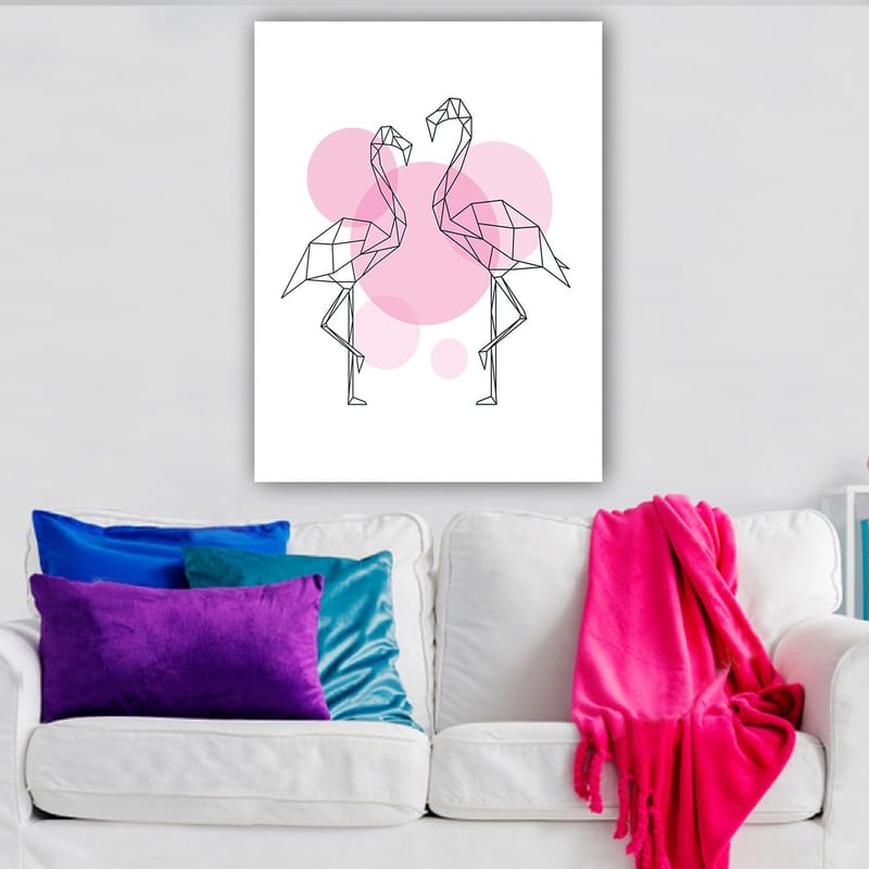 Canvastavla 70x100 cm - Två stiliserade flamingos i geometrisk form som står nära varandra - Rosa / Svart - Inredning & dekor - Tavlor & konst - Canvastavla