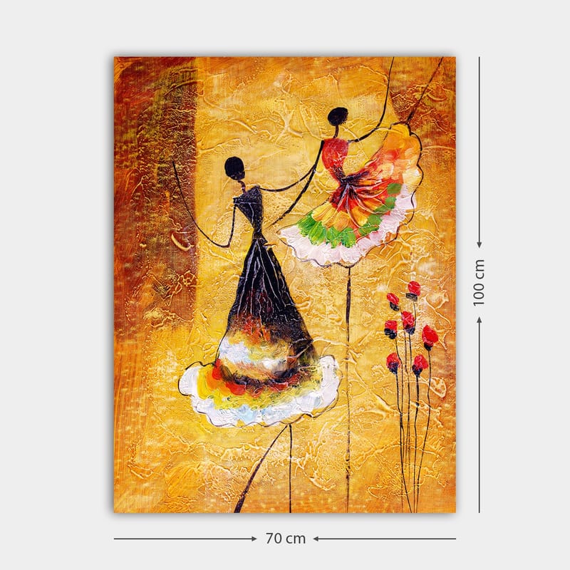 Canvastavla 70x100 cm - Två stiliserade kvinnor i färgglada klänningar som dansar tillsammans - Guld / Svart / Röd - Inredning & dekor - Tavlor & konst - Canvastavla