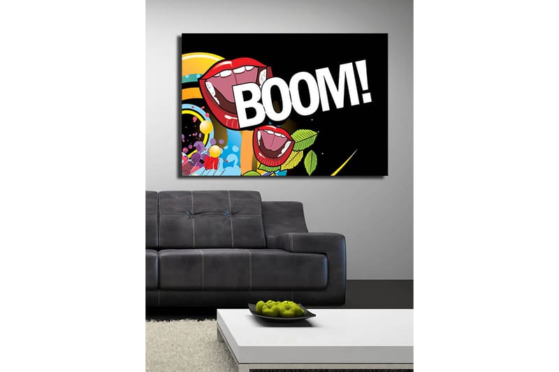 Canvastavla 70x100 cm - Två stora, öppna munnar med röda läppar som skriker BOOM! i en färgglad och livlig komposition - Röd / Grön / Blå - Inredning & dekor - Tavlor & konst - Canvastavla
