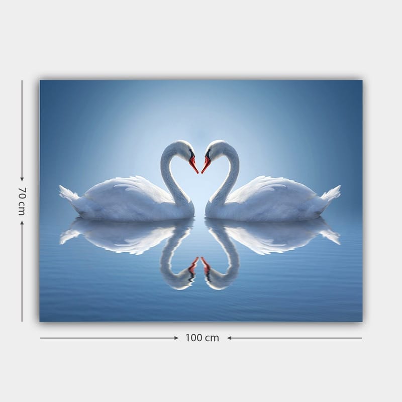 Canvastavla 70x100 cm - Två svanar som formar ett hjärta med sina halsar i en spegelbild på vattnet - Vit / Röd / Blå - Inredning & dekor - Tavlor & konst - Canvastavla