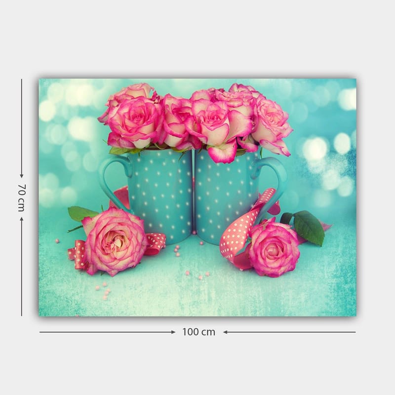 Canvastavla 70x100 cm - Två turkosa muggar fyllda med rosa rosor - Turkos / Rosa - Inredning & dekor - Tavlor & konst - Canvastavla