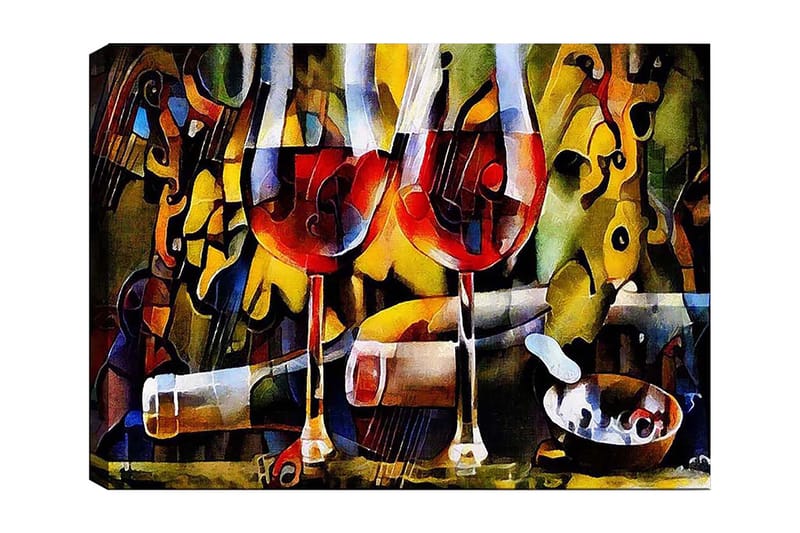 Canvastavla 70x100 cm - Två vinglas med röd vätska omgivna av abstrakta musikaliska och färgglada element, Röd / Gul / Grön