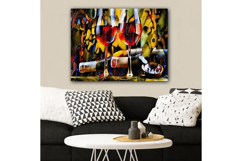 Canvastavla 70x100 cm - Två vinglas med röd vätska omgivna av abstrakta musikaliska och färgglada element - Röd / Gul / Grön - Inredning & dekor - Tavlor & konst - Canvastavla