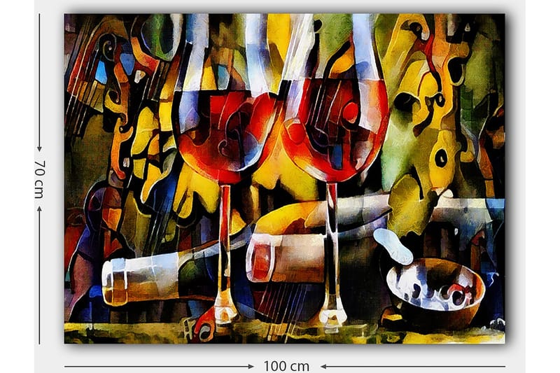 Canvastavla 70x100 cm - Två vinglas med röd vätska omgivna av abstrakta musikaliska och färgglada element - Röd / Gul / Grön - Inredning & dekor - Tavlor & konst - Canvastavla