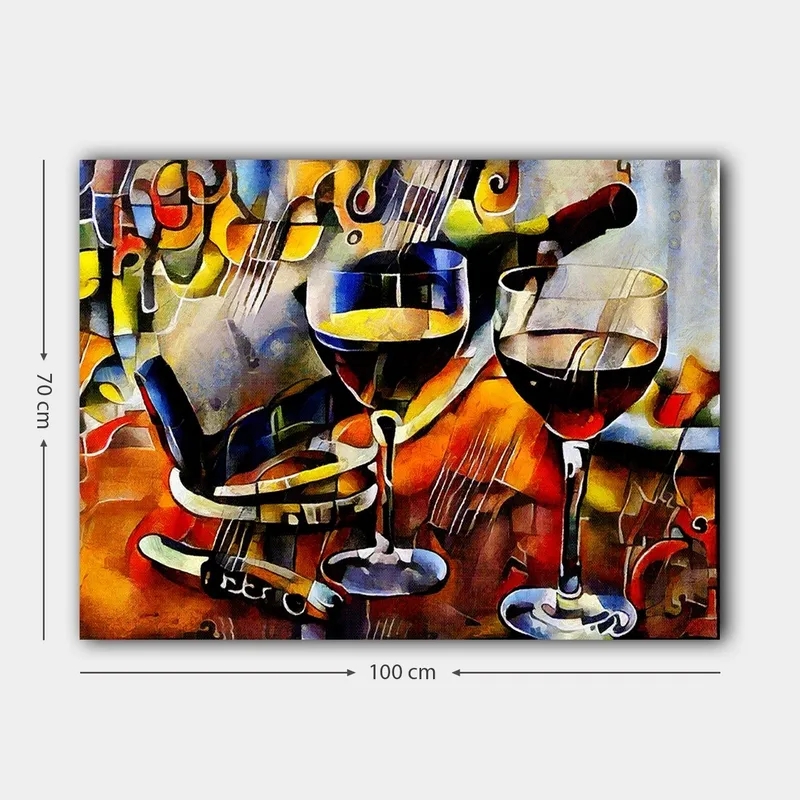 Canvastavla 70x100 cm - Två vinglas med rödvin och en flaska vin, omgivna av musikaliska inslag - Röd / Gul / Blå - Inredning & dekor - Tavlor & konst - Canvastavla