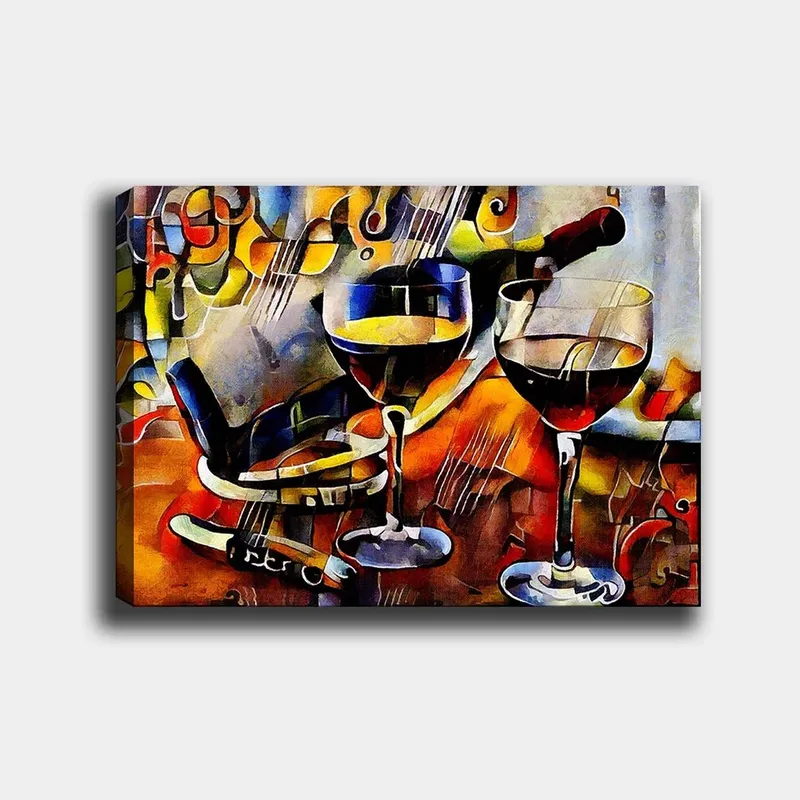Canvastavla 70x100 cm - Två vinglas med rödvin och en flaska vin, omgivna av musikaliska inslag - Röd / Gul / Blå - Inredning & dekor - Tavlor & konst - Canvastavla