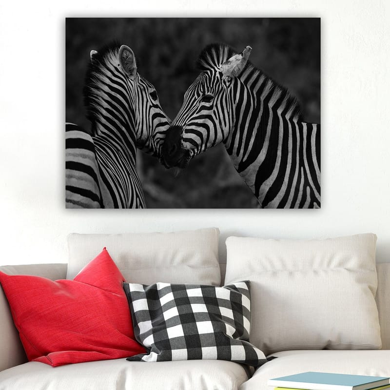 Canvastavla 70x100 cm - Två zebror som står nära varandra och visar sin samhörighet - Svart / Vitt - Inredning & dekor - Tavlor & konst - Canvastavla