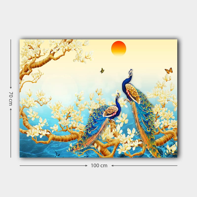 Canvastavla 70x100 cm - Två påfåglar som står på en gren omgivna av blommor och vatten - Blå / Guld / Vit - Inredning & dekor - Tavlor & konst - Canvastavla