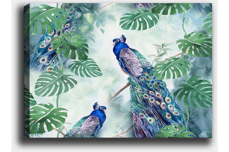 Canvastavla 70x100 cm - Två påfåglar som sitter bland gröna växter i en livfull och färgglad miljö - Blå / Grön / Turkos - Inredning & dekor - Tavlor & konst - Canvastavla