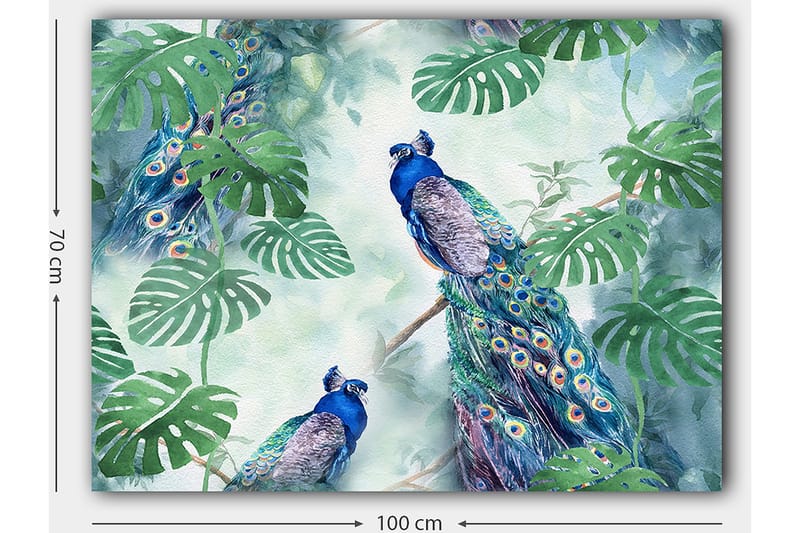 Canvastavla 70x100 cm - Två påfåglar som sitter bland gröna växter i en livfull och färgglad miljö - Blå / Grön / Turkos - Inredning & dekor - Tavlor & konst - Canvastavla