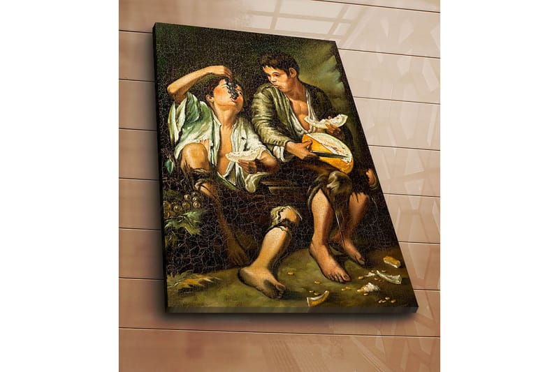 Canvastavla 70x100 cm - Två pojkar som delar en måltid med frukt och ost - Grön / Brun / Beige - Inredning & dekor - Tavlor & konst - Canvastavla