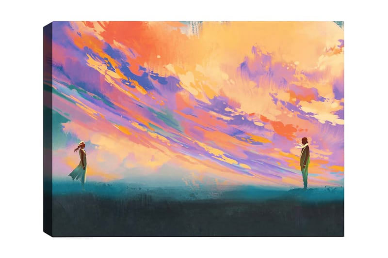 Canvastavla 70x100 cm - Två personer står på en öppen plats under en färgsprakande himmel, Lila / Orange / Turkos