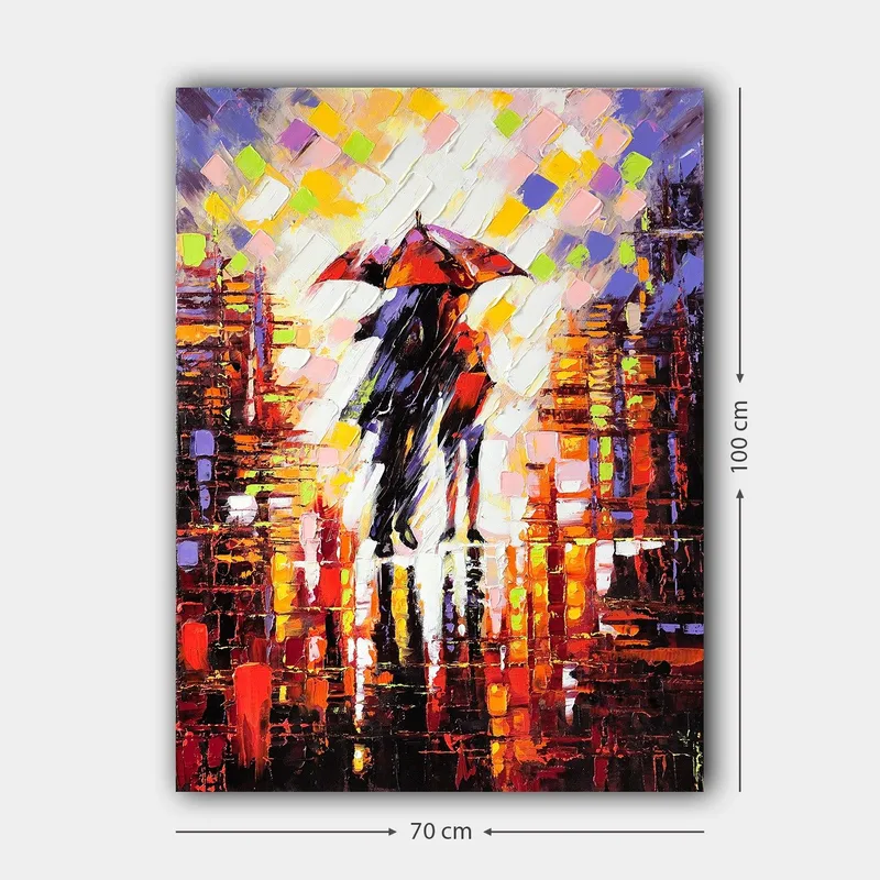 Canvastavla 70x100 cm - Två personer med ett paraply som står i en regnig stadsmiljö - Röd / Svart / Orange - Inredning & dekor - Tavlor & konst - Canvastavla