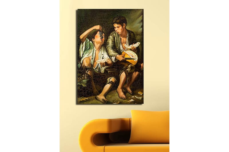 Canvastavla 70x100 cm - Två pojkar som delar en måltid med frukt och ost - Grön / Brun / Beige - Inredning & dekor - Tavlor & konst - Canvastavla