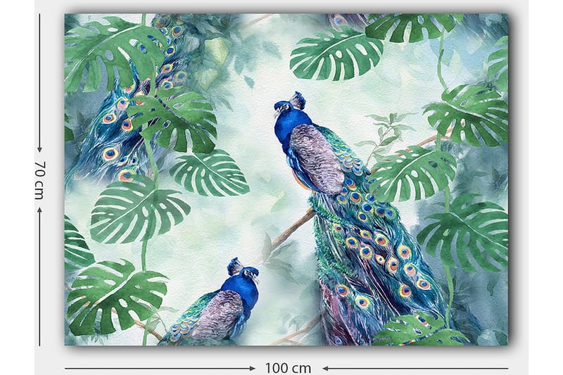 Canvastavla 70x100 cm - Två påfåglar som sitter bland gröna växter i en livfull och färgglad miljö - Blå / Grön / Turkos - Inredning & dekor - Tavlor & konst - Canvastavla