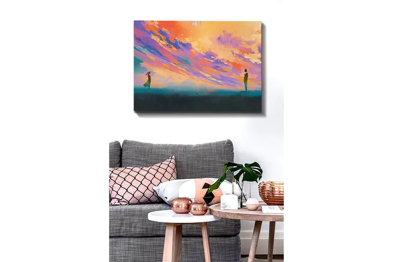 Canvastavla 70x100 cm - Två personer står på en öppen plats under en färgsprakande himmel - Lila / Orange / Turkos - Inredning & dekor - Tavlor & konst - Canvastavla