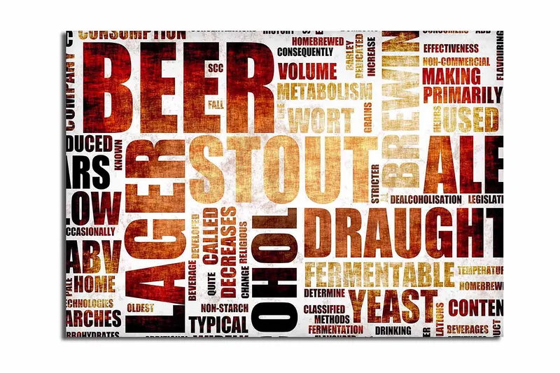 Canvastavla 70x100 cm - Typografisk komposition med fokus på olika ölsorter och bryggningstermer, Mörkbrun / Beige / Svart