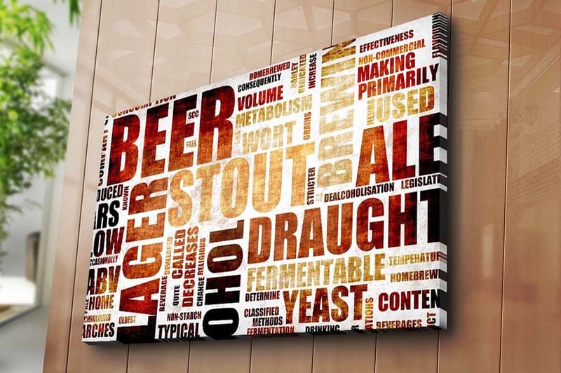 Canvastavla 70x100 cm - Typografisk komposition med fokus på olika ölsorter och bryggningstermer - Mörkbrun / Beige / Svart - Inredning & dekor - Tavlor & konst - Canvastavla