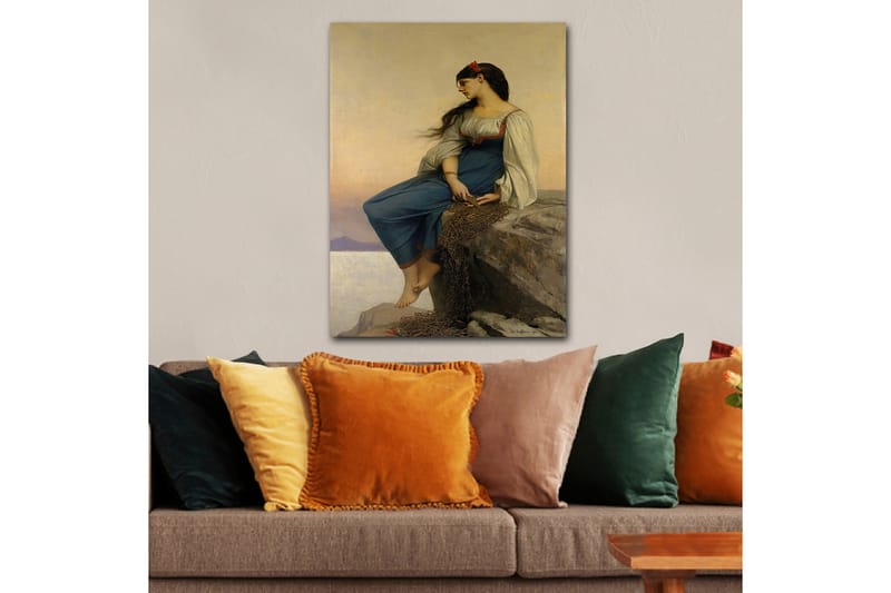 Canvastavla 70x100 cm - Ung kvinna sitter på en klippa med en eftertänksam blick, klädd i en blå klänning med vita ärmar - Blå / Vit / Röd - Inredning & dekor - Tavlor & konst - Canvastavla