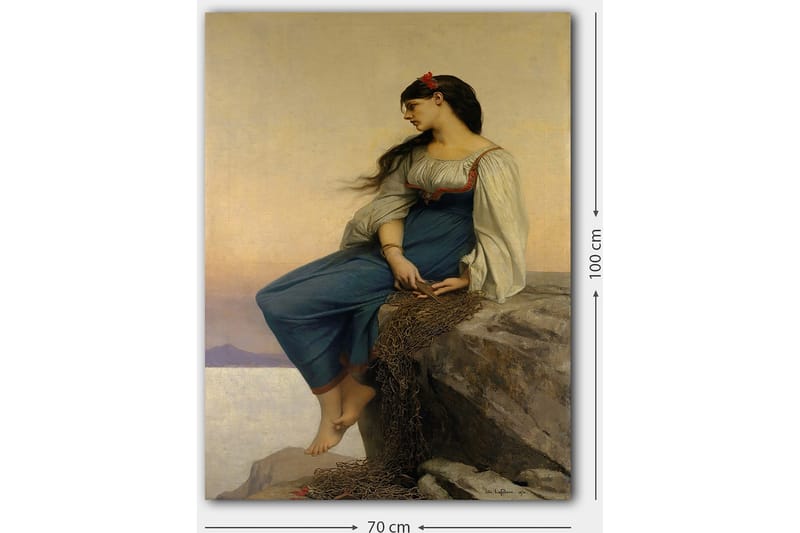 Canvastavla 70x100 cm - Ung kvinna sitter på en klippa med en eftertänksam blick, klädd i en blå klänning med vita ärmar - Blå / Vit / Röd - Inredning & dekor - Tavlor & konst - Canvastavla