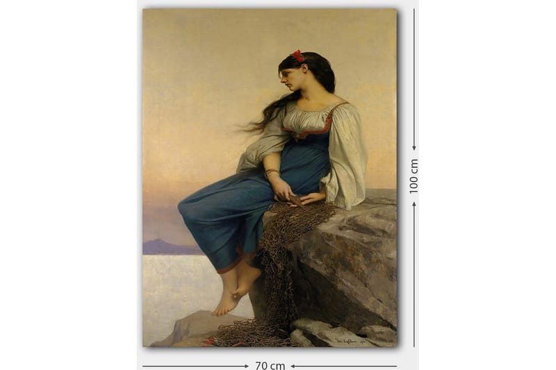 Canvastavla 70x100 cm - Ung kvinna sitter på en klippa med en eftertänksam blick, klädd i en blå klänning med vita ärmar - Blå / Vit / Röd - Inredning & dekor - Tavlor & konst - Canvastavla