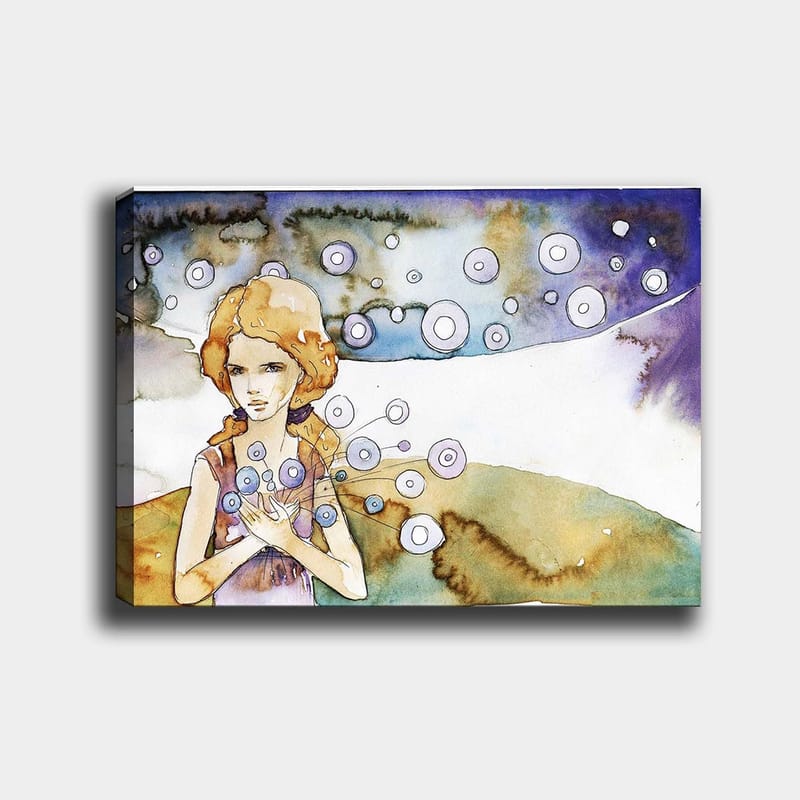 Canvastavla 70x100 cm - Ung kvinna som håller i en bukett med cirkulära blommor i en drömlik landskapsscen - Ljusblå / Beige / Lila - Inredning & dekor - Tavlor & konst - Canvastavla