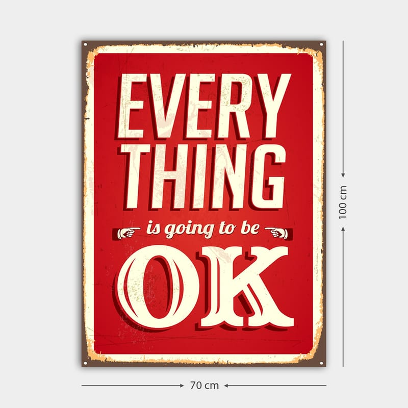 Canvastavla 70x100 cm - Upplyftande skylt med texten EVERYTHING is going to be OK i en retrostil - Röd / Vit - Inredning & dekor - Tavlor & konst - Canvastavla