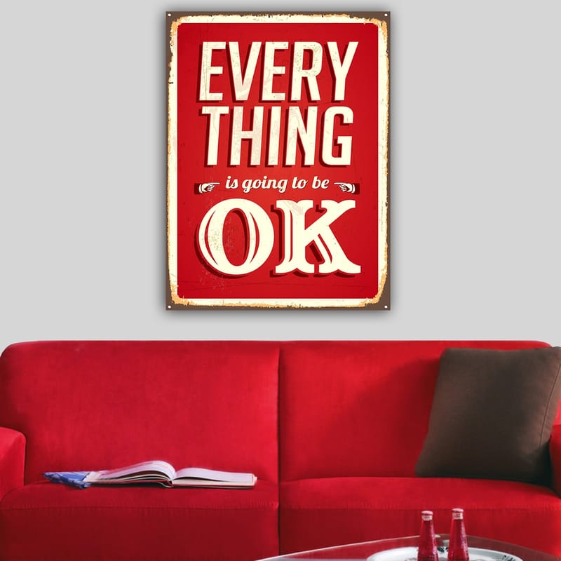 Canvastavla 70x100 cm - Upplyftande skylt med texten EVERYTHING is going to be OK i en retrostil - Röd / Vit - Inredning & dekor - Tavlor & konst - Canvastavla