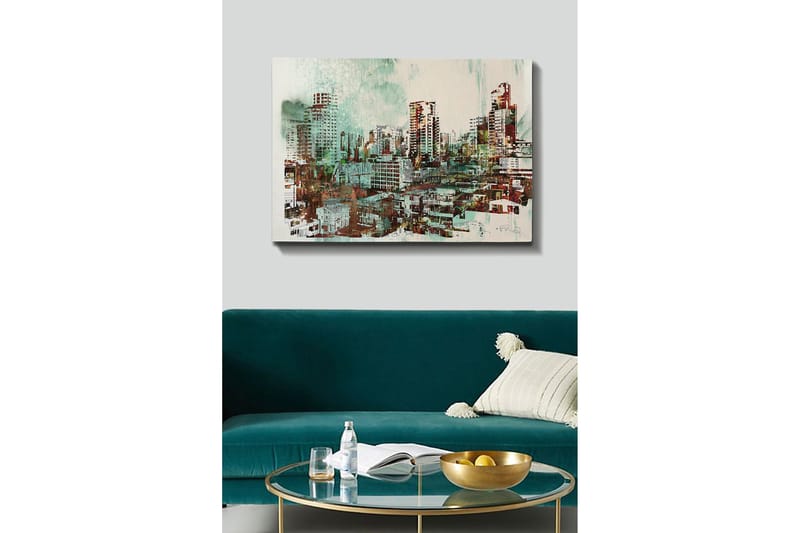 Canvastavla 70x100 cm - Urban stadslandskap med höga byggnader och livliga gator, Grön / Brun / Vit