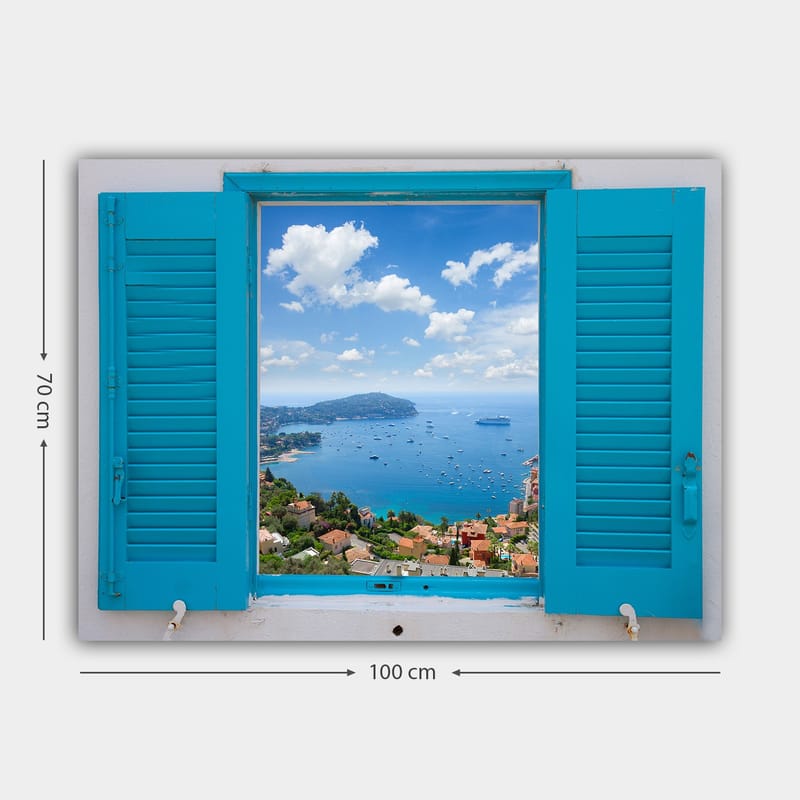 Canvastavla 70x100 cm - Utsikt genom ett öppet fönster med hav och himmel i fokus - Blå / Grön / Vit - Inredning & dekor - Tavlor & konst - Canvastavla