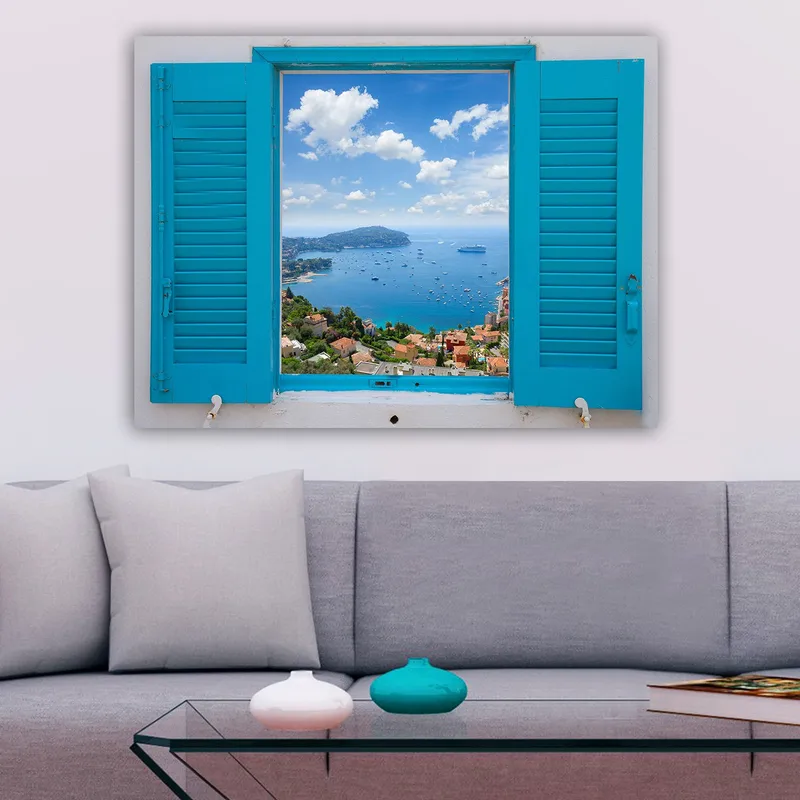 Canvastavla 70x100 cm - Utsikt genom ett öppet fönster med hav och himmel i fokus - Blå / Grön / Vit - Inredning & dekor - Tavlor & konst - Canvastavla