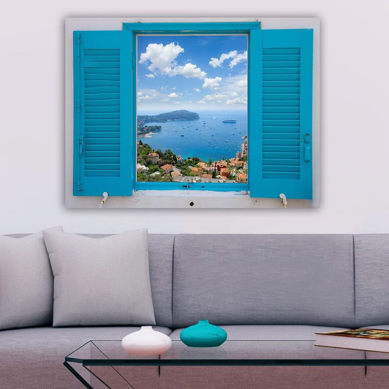 Canvastavla 70x100 cm - Utsikt genom ett öppet fönster med hav och himmel i fokus - Blå / Grön / Vit - Inredning & dekor - Tavlor & konst - Canvastavla
