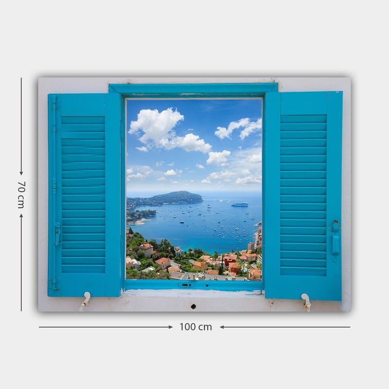 Canvastavla 70x100 cm - Utsikt genom ett öppet fönster med hav och himmel i fokus - Blå / Grön / Vit - Inredning & dekor - Tavlor & konst - Canvastavla