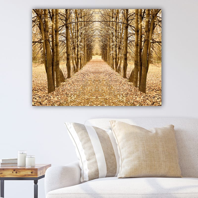 Canvastavla 70x100 cm - Vacker allé av träd i höstfärger som leder mot en avlägsen punkt - Guld / Brunt / Beige - Inredning & dekor - Tavlor & konst - Canvastavla