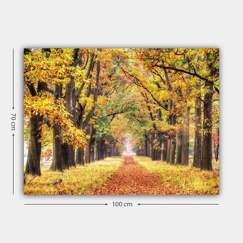 Canvastavla 70x100 cm - Vacker allé omgiven av höstfärgade träd som leder mot en ljusare horisont - Guldorange / Grön / Brun - Inredning & dekor - Tavlor & konst - Canvastavla