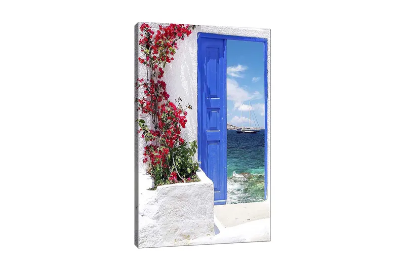 Canvastavla 70x100 cm - Vacker blå dörr omgiven av blommor i rött som leder ut mot en havsutsikt, Blå / Röd / Grön