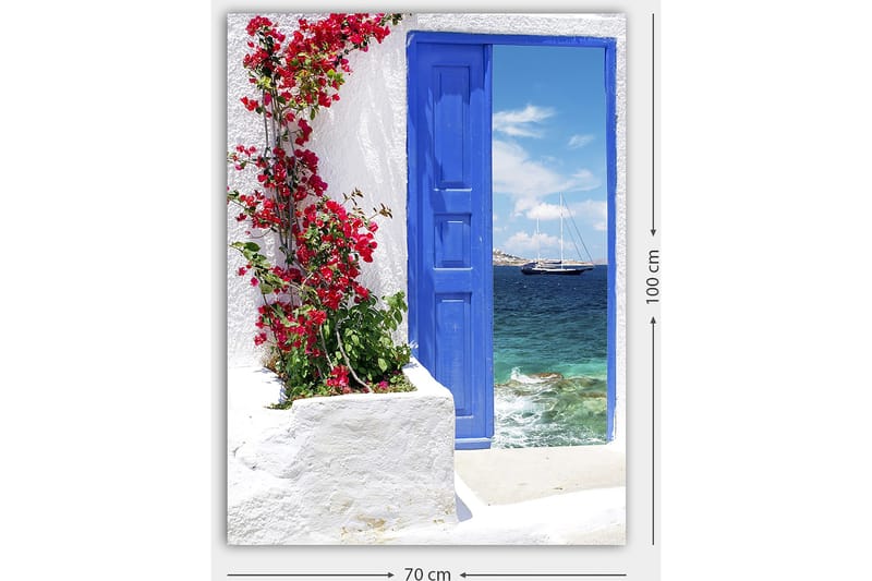 Canvastavla 70x100 cm - Vacker blå dörr omgiven av blommor i rött som leder ut mot en havsutsikt - Blå / Röd / Grön - Inredning & dekor - Tavlor & konst - Canvastavla