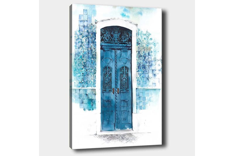 Canvastavla 70x100 cm - Vacker blå dörr omgiven av mjuka nyanser av blått och vitt - Blå / Ljusblå / Vit - Inredning & dekor - Tavlor & konst - Canvastavla