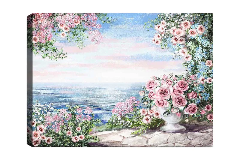 Canvastavla 70x100 cm - Vacker blomsterrabatt med en stor vas fylld med rosor, som står vid en havsutsikt under en klar himmel, Rosa / Grönt / Blått