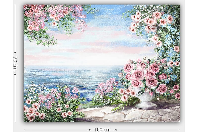 Canvastavla 70x100 cm - Vacker blomsterrabatt med en stor vas fylld med rosor, som står vid en havsutsikt under en klar himmel - Rosa / Grönt / Blått - Inredning & dekor - Tavlor & konst - Canvastavla