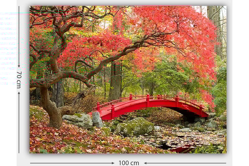 Canvastavla 70x100 cm - Vacker bro i röd färg omgiven av höstfärgade träd och löv - Röd / Grön / Brun - Inredning & dekor - Tavlor & konst - Canvastavla