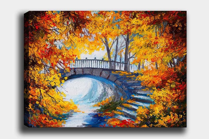 Canvastavla 70x100 cm - Vacker bro omgiven av höstfärgade träd och löv - Orange / Gult / Blått - Inredning & dekor - Tavlor & konst - Canvastavla